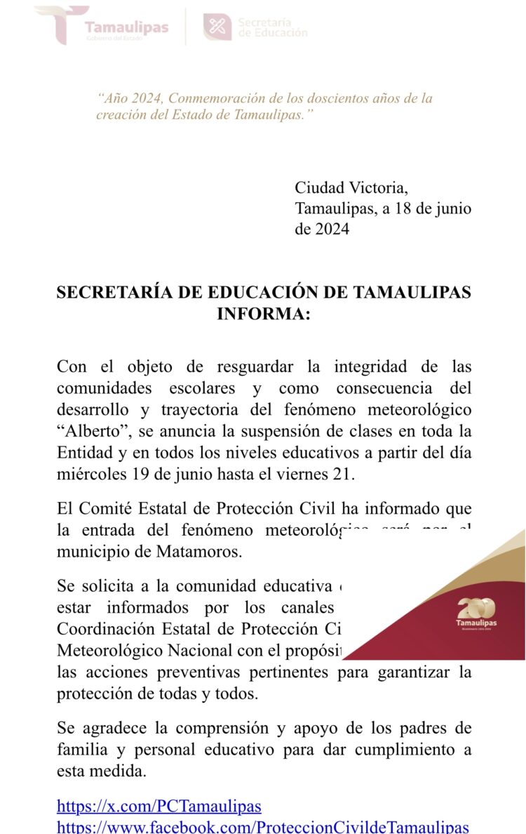 Ciclón “Alberto” suspende clases en Tamaulipas