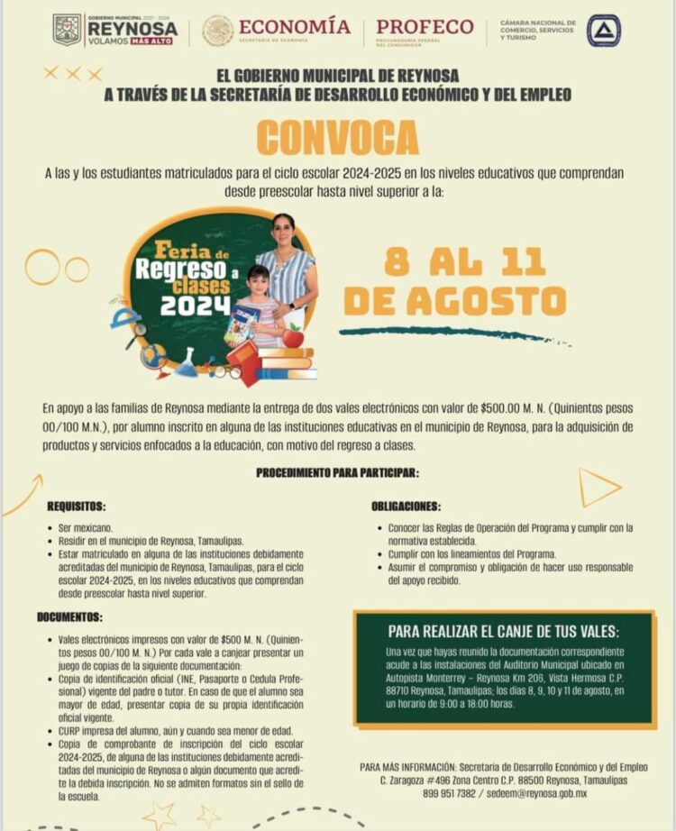 Entregará Gobierno de Reynosa vales escolares