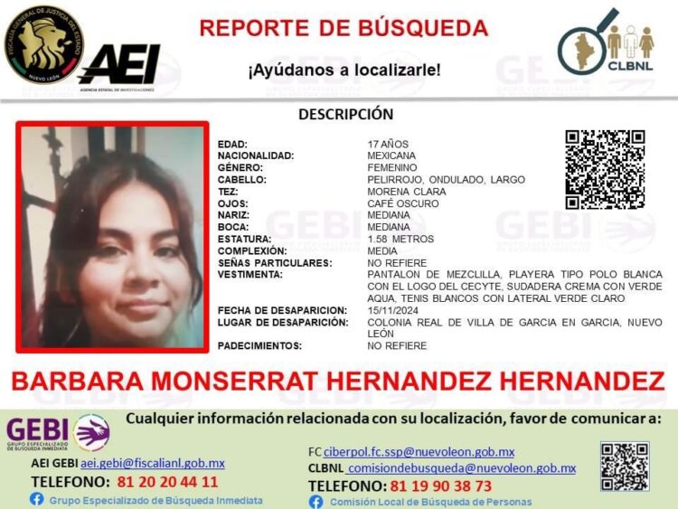 Se solicita ayuda para localizar a Bárbara Monserrat Hernández, desaparecida en Nuevo León