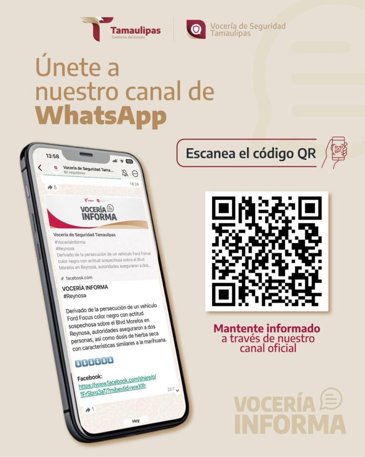 Unete al canal oficial de Seguridad Pública Tamaulipas y entérate de primera mano lo que acontece en nuestro estado